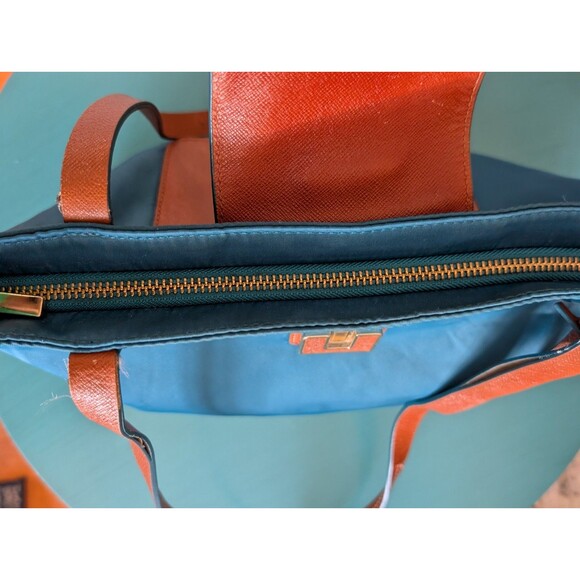 Tory Burch Penn Nylon Faux Leather 14" Tote Shoulder Bag Teal Brown GUC - Picture 16 of 16